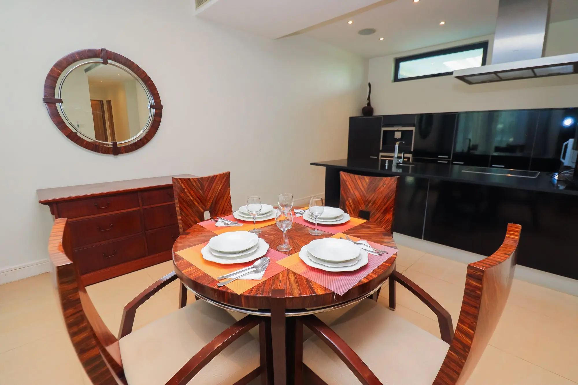 Dining area set beside the modern kitchen at Nyali Marina Stays apartment, Mombasa